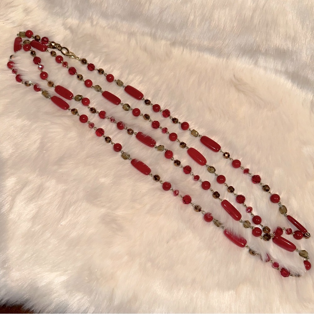 Coldwater Creek Necklace Cherry Red Quartz Glass Gold Tone Beaded 56"